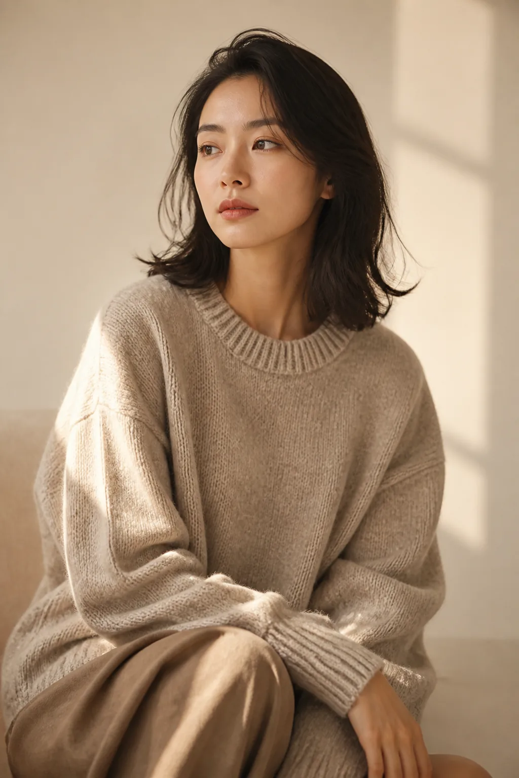 惠園ルック03、ベージュニットの季節のポートレート